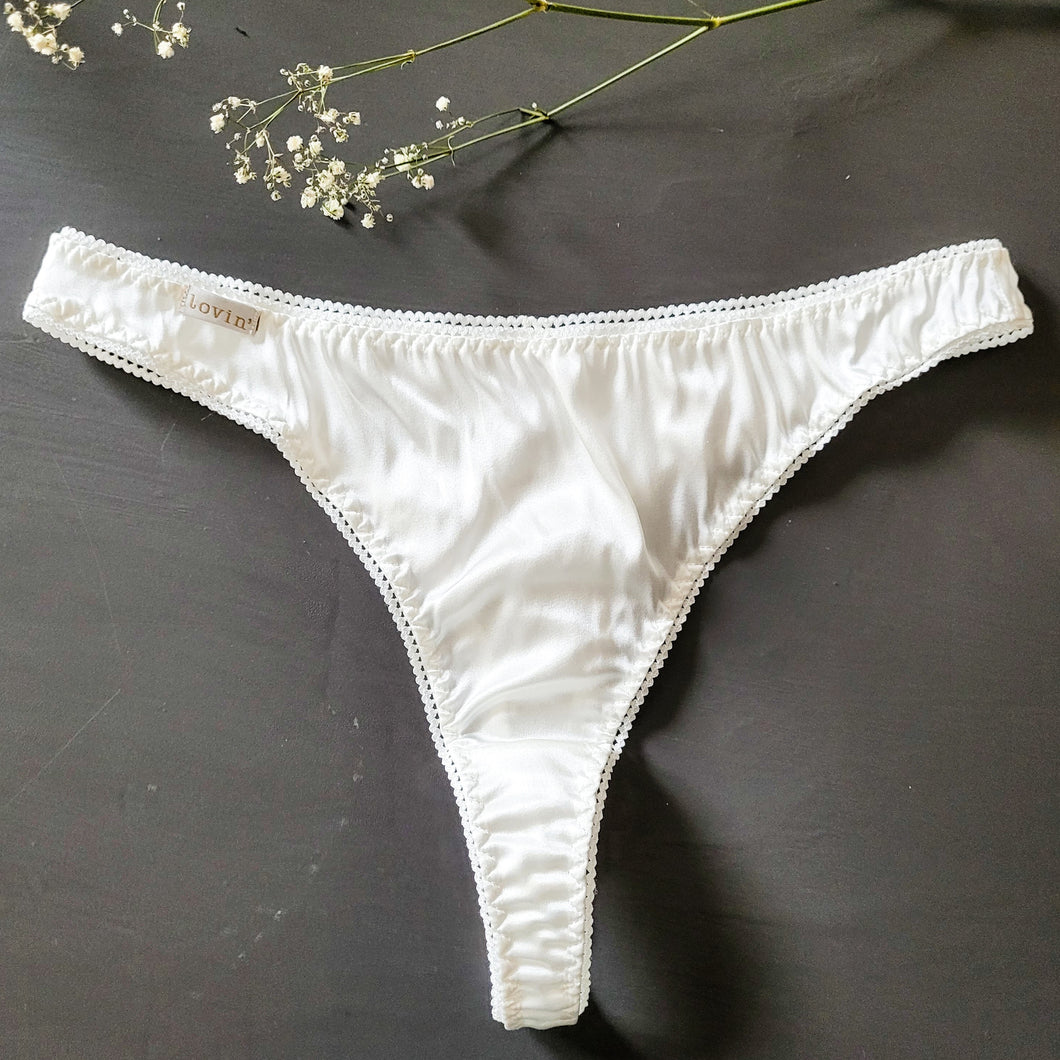 Mellow Morning white silk thong panties